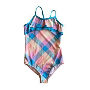 Girls' 10 Lands' End Rainbow Plaid Ruffle One-piece Swimsuit